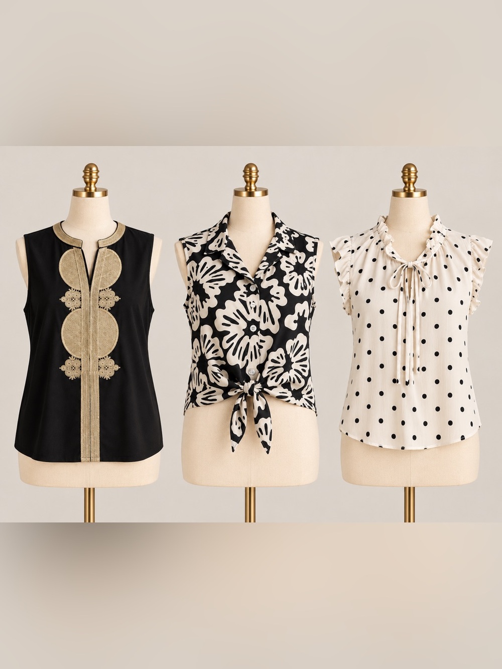 Black & White Floral Tie-Front Sleeveless Top